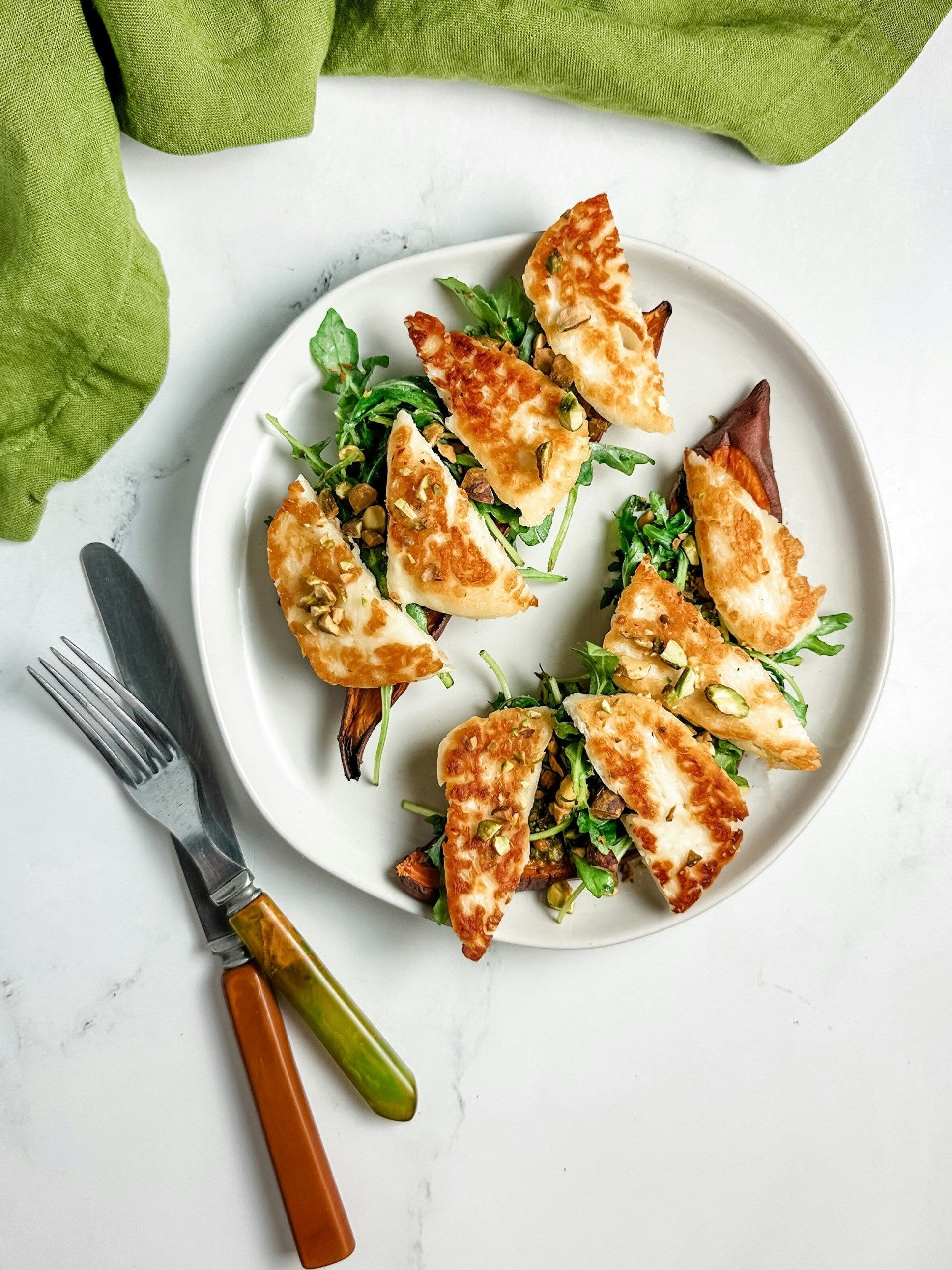 Roasted Sweet Potato with Whipped Feta, Grilled Halloumi & Pistachio