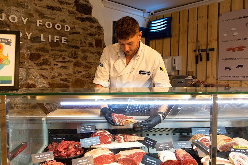 Organic butchers counter at Eversfield Organic Totnes