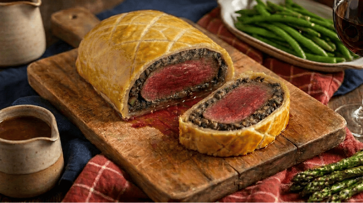 A sliced beef Wellington on a wooden cutting board, served with green beans, asparagus, a glass of red wine, and small ceramic sauce pots in a rustic dining setting.